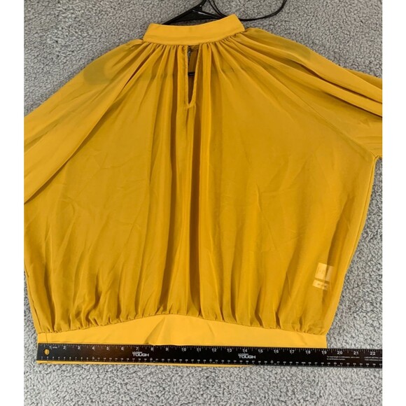 Yellow Pleated Mock Neck Blouse Long Adjustable Ribbon Sleeve Size (M) Medium - Picture 9 of 12